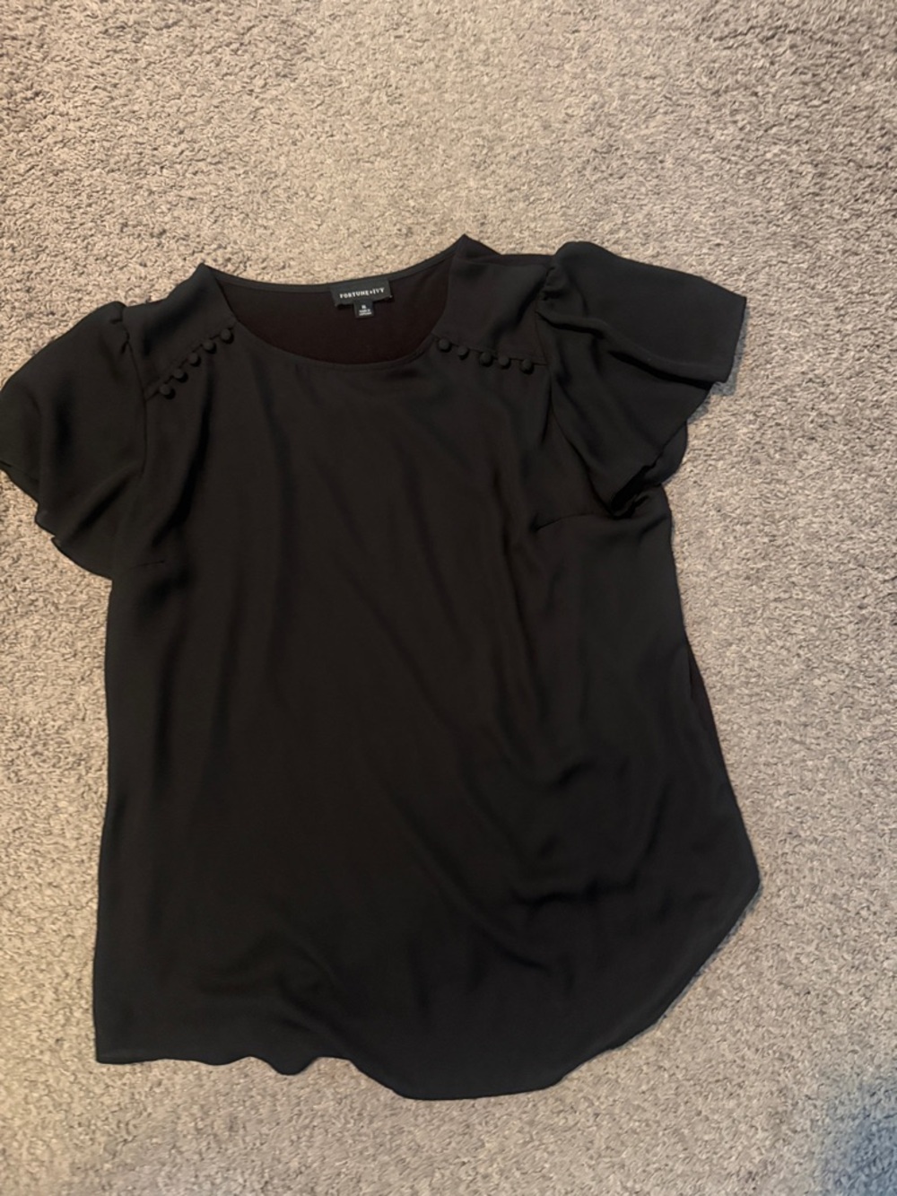 Fortune & Ivy Black Flutter-Sleeve Blouse with Button Detail